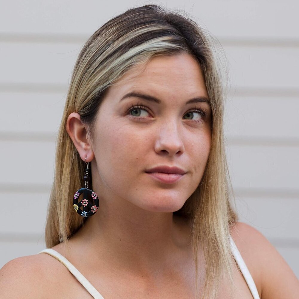 Peace Sign Dangle Earrings Organic Wood Hippie Jewelry for Women and Men - Picture 3 of 6